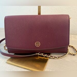 Tory Burch Robinson Chain Wallet Crossbody Bag Burgundy Wine Color